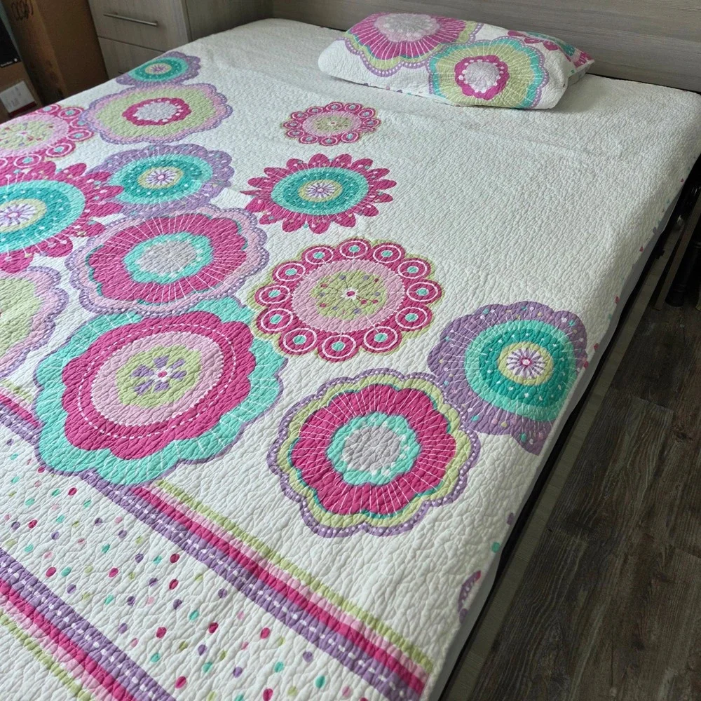 Cynthia Rowley Sophia Twin Quilt 2Pc Set Pink Turquoise Floral Polka Dot Boho
